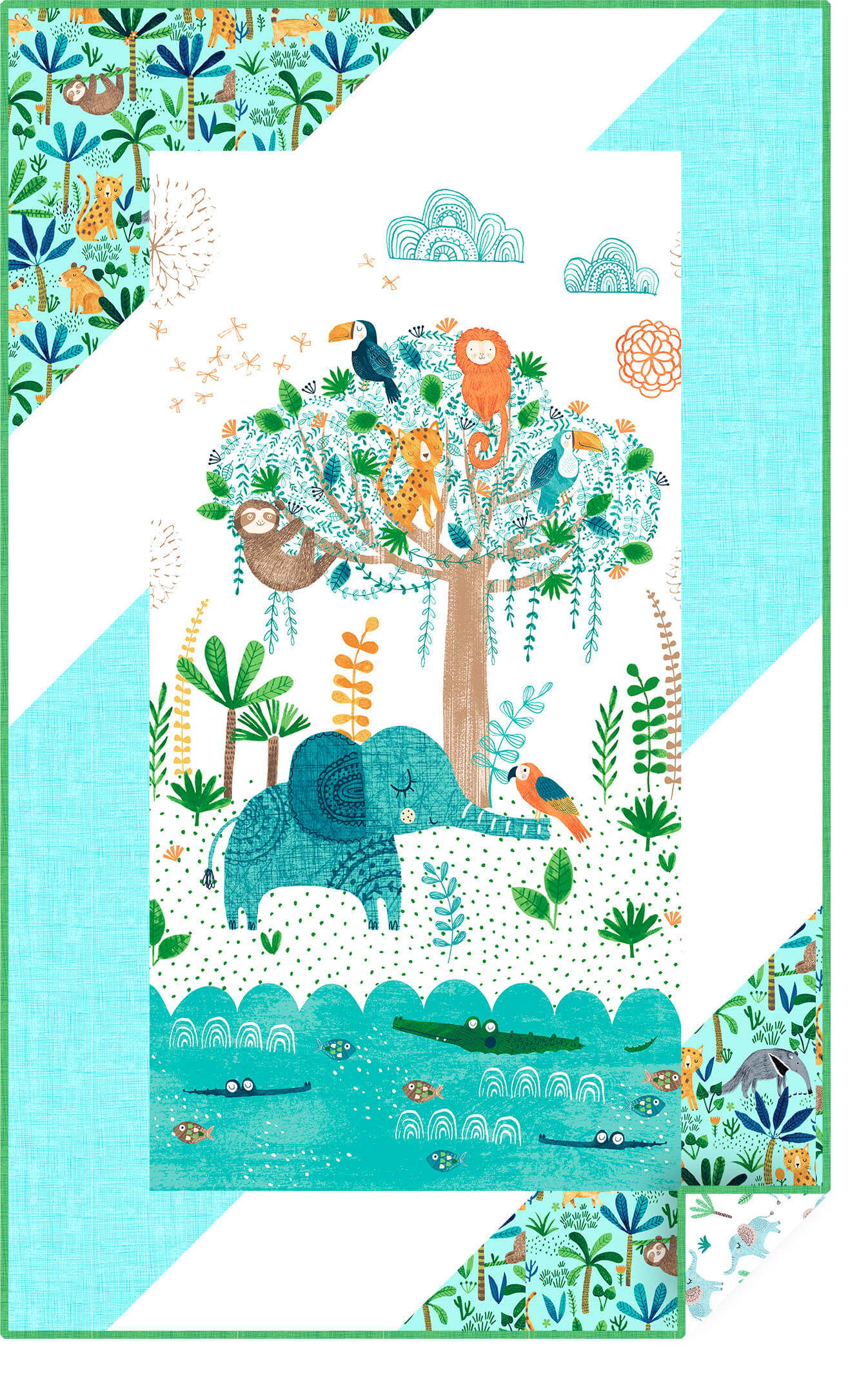 A charming baby quilt from Clothworks featuring Jungle Fever by Rebecca Jones 34” x 55”. This digital quilt showcases fabric that will ship in April 2018. www.clothworks.com